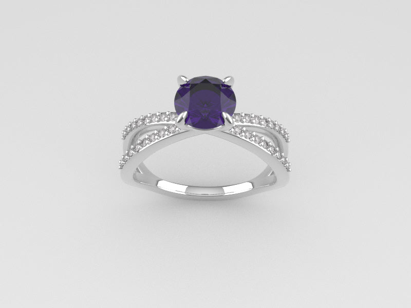 14K Engagement Ring with Amethyst and Diamond VS1, "cross style" "stt prong"
