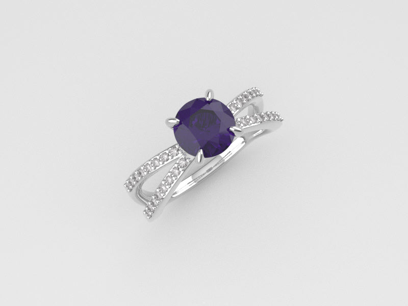 14K Engagement Ring with Amethyst and Diamond VS1, "cross style" "stt prong"
