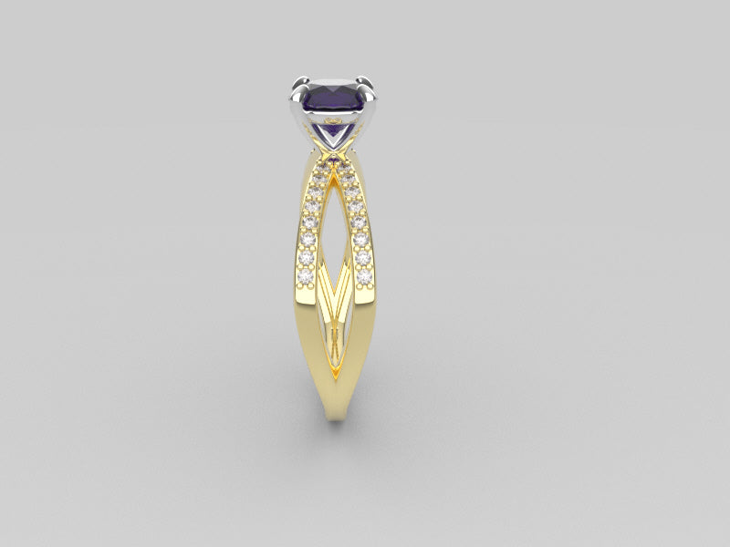 14K Engagement Ring with Amethyst and Diamond VS1, "cross style" "stt prong"