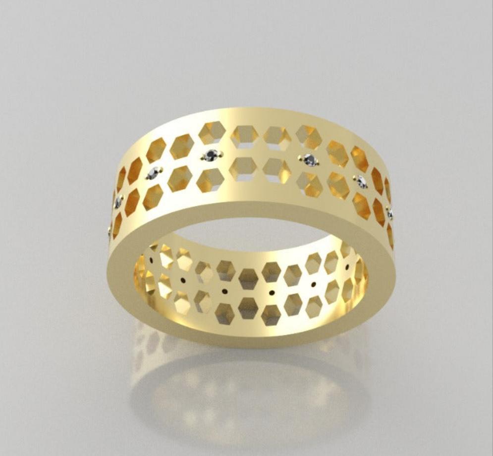 14k yellow gold band Ring with 14 Diamonds, "be hive style" "stt 2 prongs"