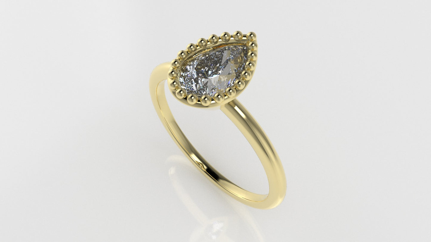 14K Gold Band Ring with Diamond VS1, Style Pear with Filigree, "setting bezel"