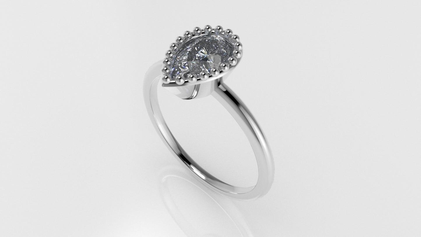 14K Gold Band Ring with Diamond VS1, Style Pear with Filigree, "setting bezel"