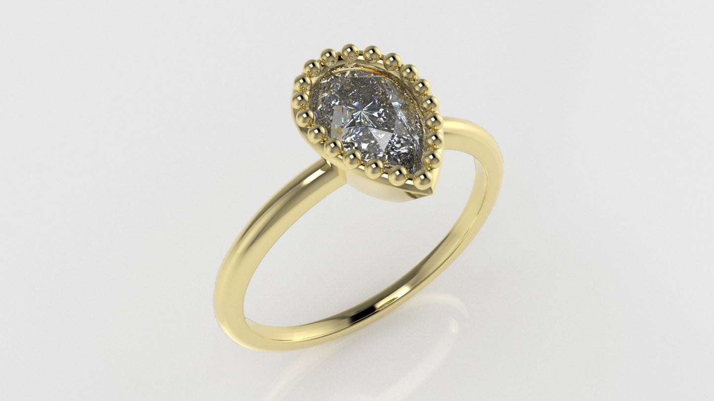 14K Gold Band Ring with Diamond VS1, Style Pear with Filigree, "setting bezel"