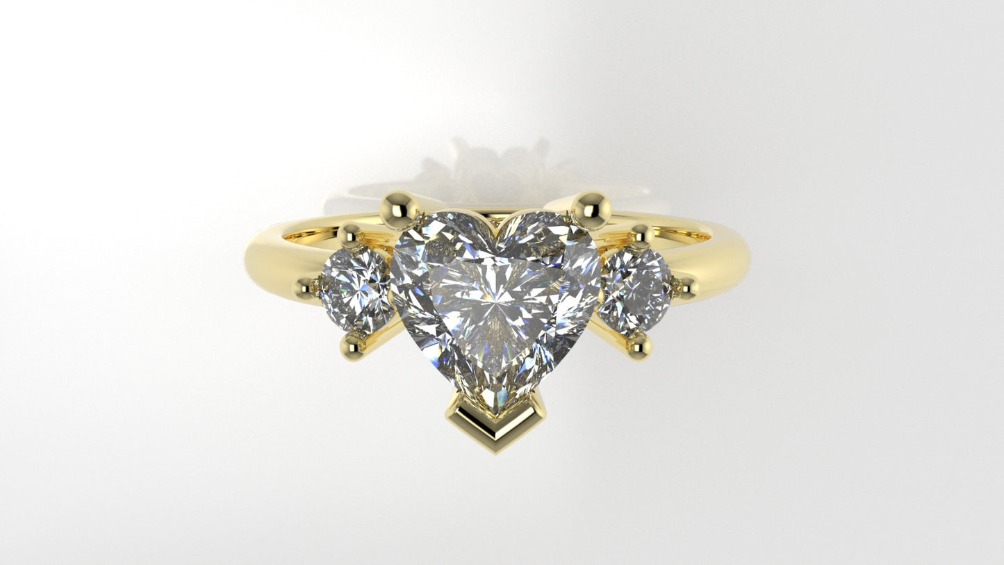 14K Engagement Ring with 3 Diamond VS1, "Style Heart and Round" "prong"
