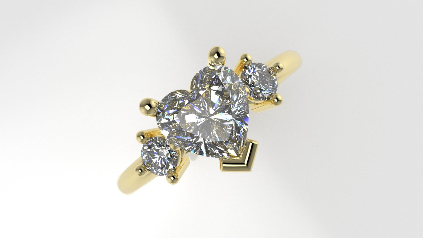 14K Engagement Ring with 3 Diamond VS1, "Style Heart and Round" "prong"