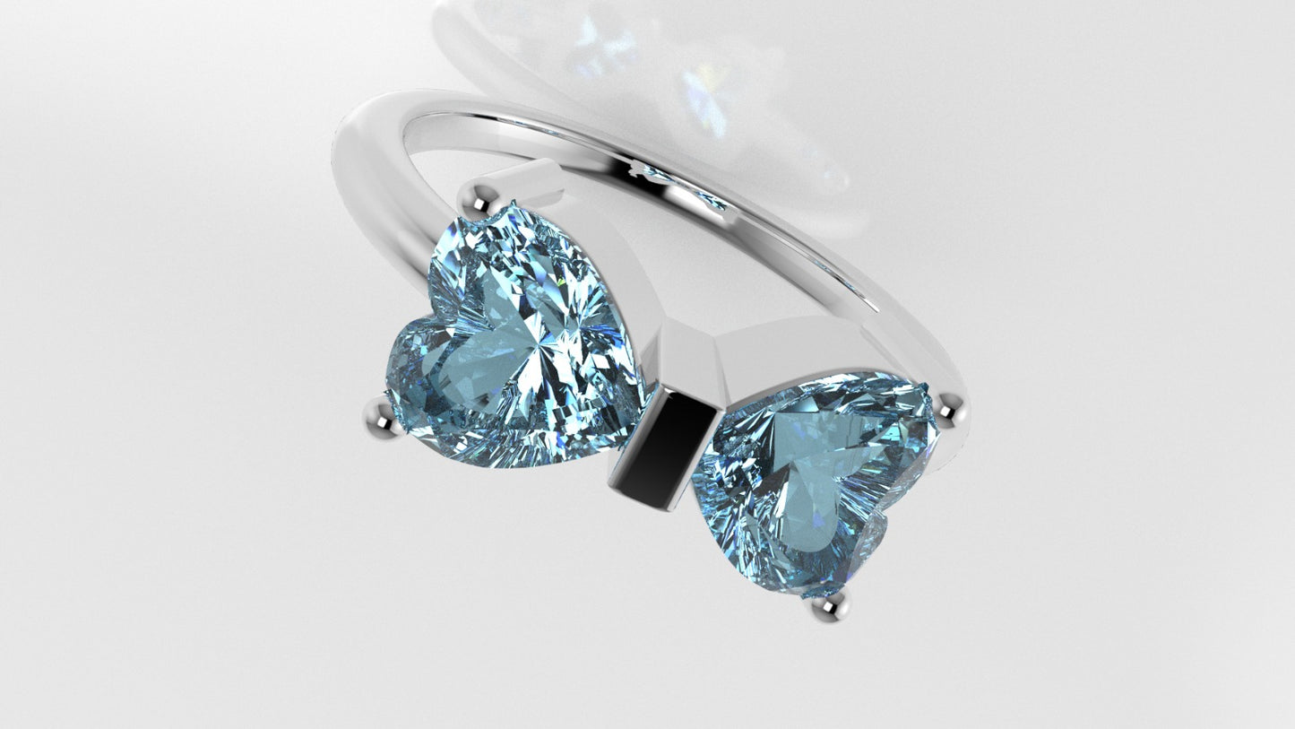 14K yellow gold band Ring with 2 AQUAMARINE, stt prong, stone heart, "bow shape with hearts"