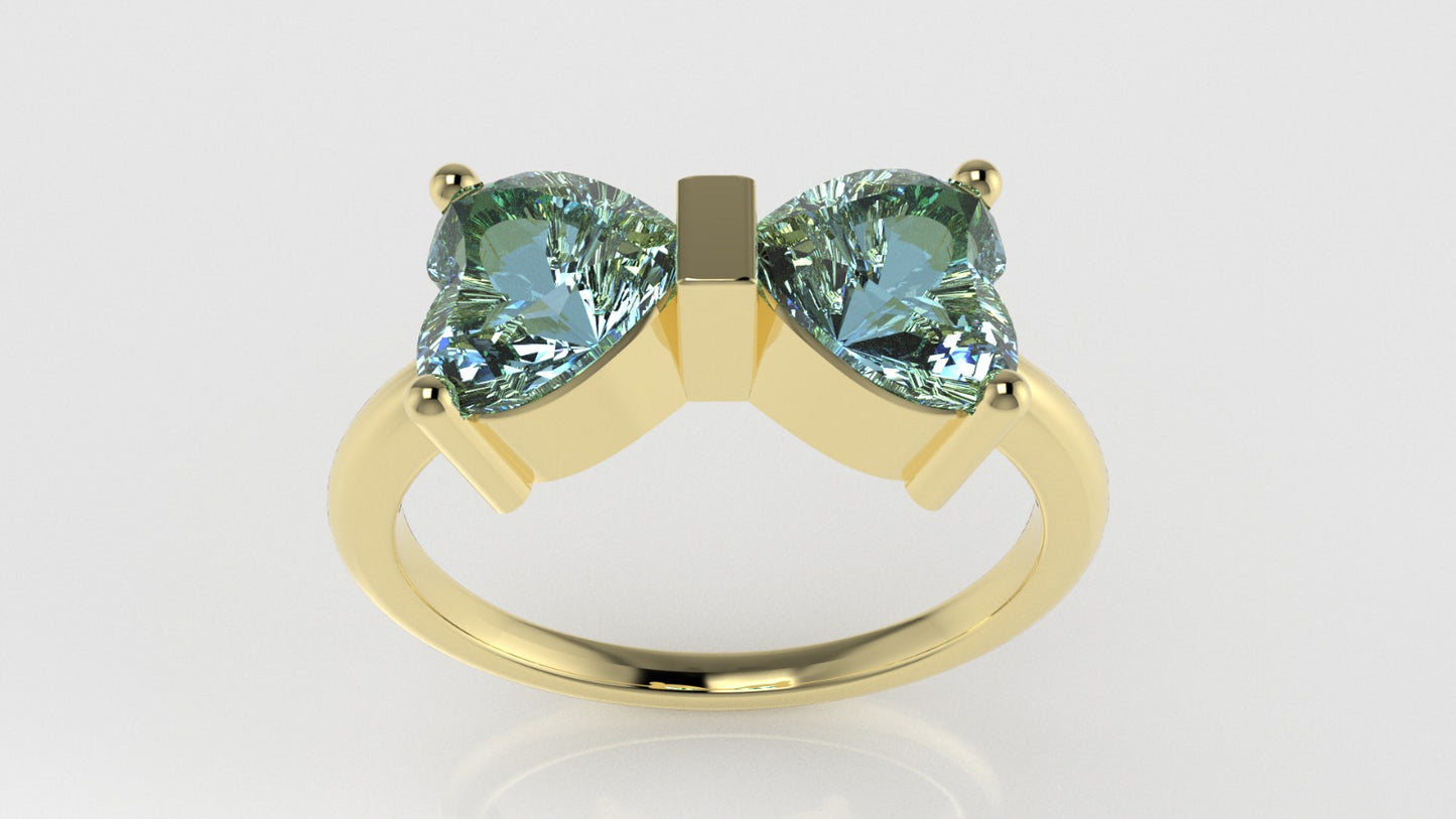 14K yellow gold band Ring with 2 AQUAMARINE, stt prong, stone heart, "bow shape with hearts"
