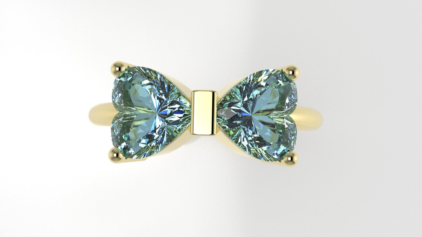 14K yellow gold band Ring with 2 AQUAMARINE, stt prong, stone heart, "bow shape with hearts"