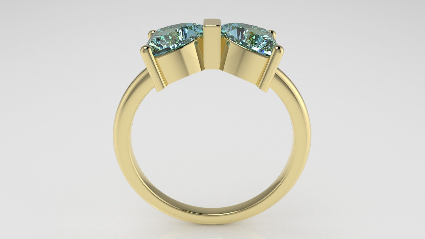 14K yellow gold band Ring with 2 AQUAMARINE, stt prong, stone heart, "bow shape with hearts"