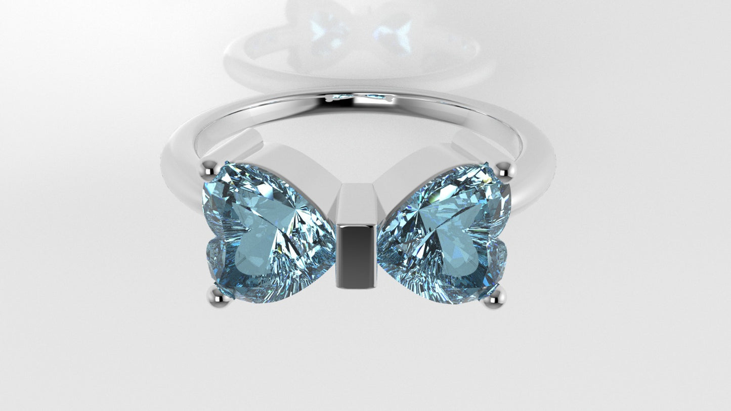 14K yellow gold band Ring with 2 AQUAMARINE, stt prong, stone heart, "bow shape with hearts"