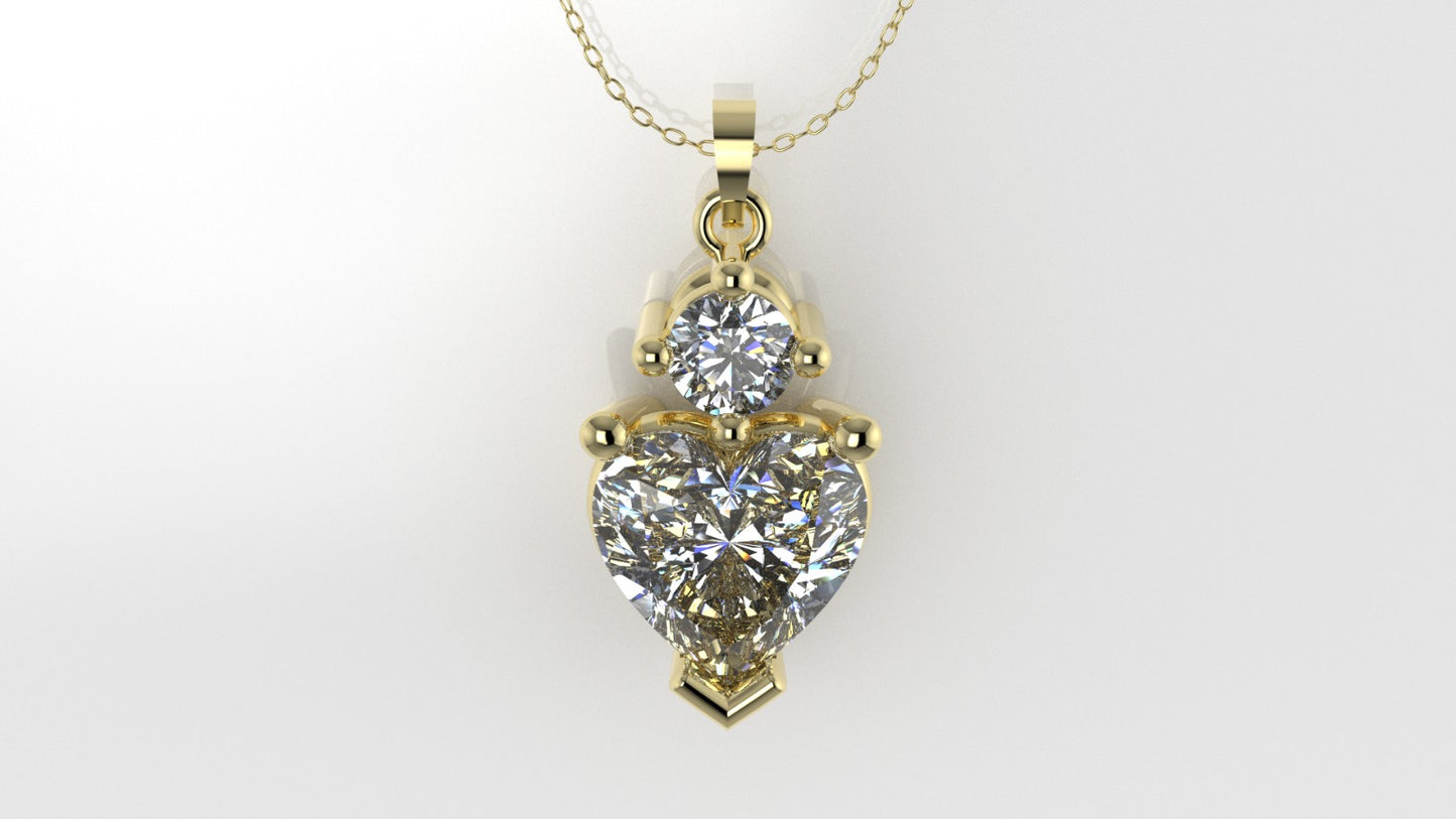 14K Pendant with 2 Diamond VS1, includes 18 inch chain, Stone Heart and Round