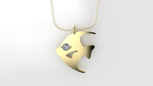 14K Pendant with 1 DIAMOND 2mm, includes 18 inch chain, Fish Style