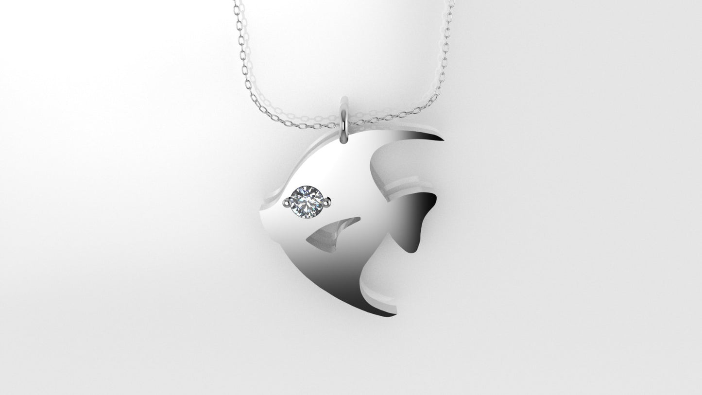 14K Pendant with 1 DIAMOND 2mm, includes 18 inch chain, Fish Style