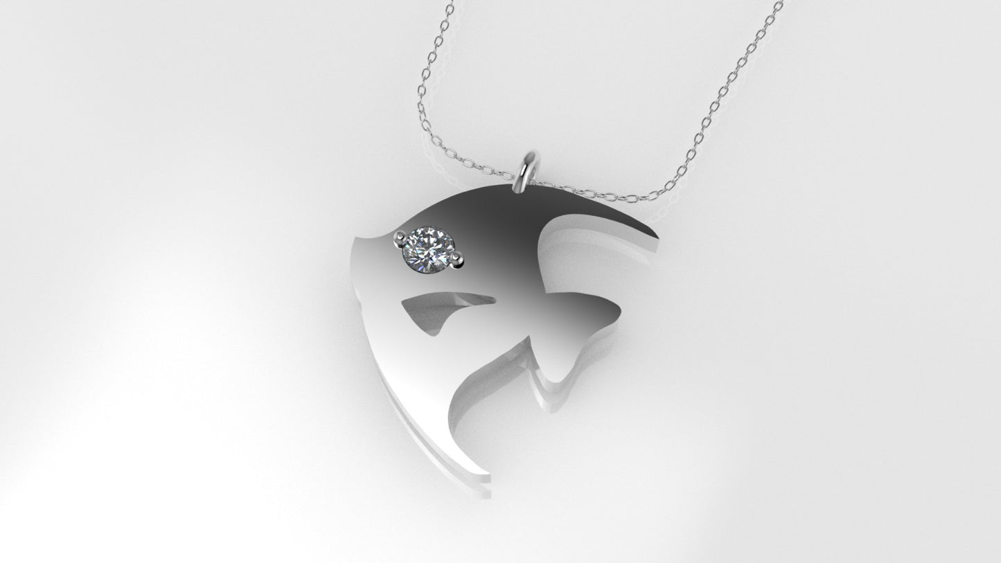 14K Pendant with 1 DIAMOND 2mm, includes 18 inch chain, Fish Style