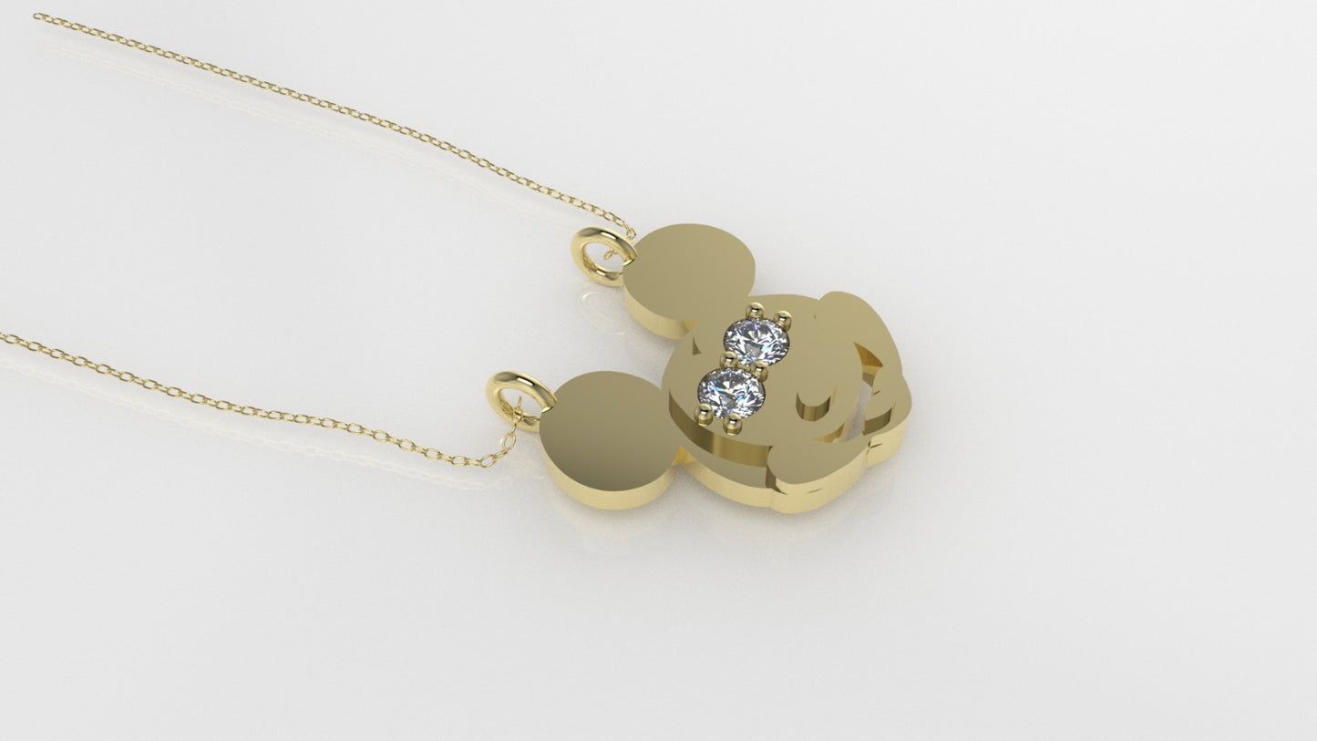 14K Pendant with 2 Diamond 2mm VS1 each, includes 18 inch chain, Mickey Mouse Face