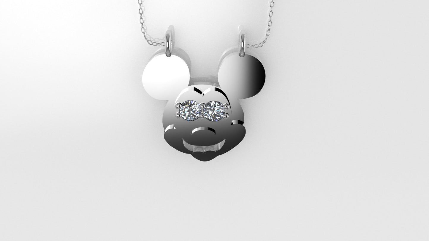 14K Pendant with 2 Diamond 2mm VS1 each, includes 18 inch chain, Mickey Mouse Face
