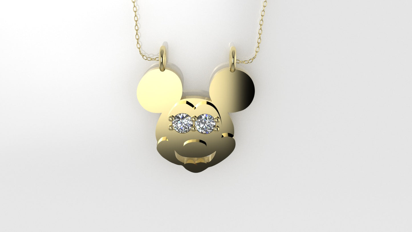 14K Pendant with 2 Diamond 2mm VS1 each, includes 18 inch chain, Mickey Mouse Face