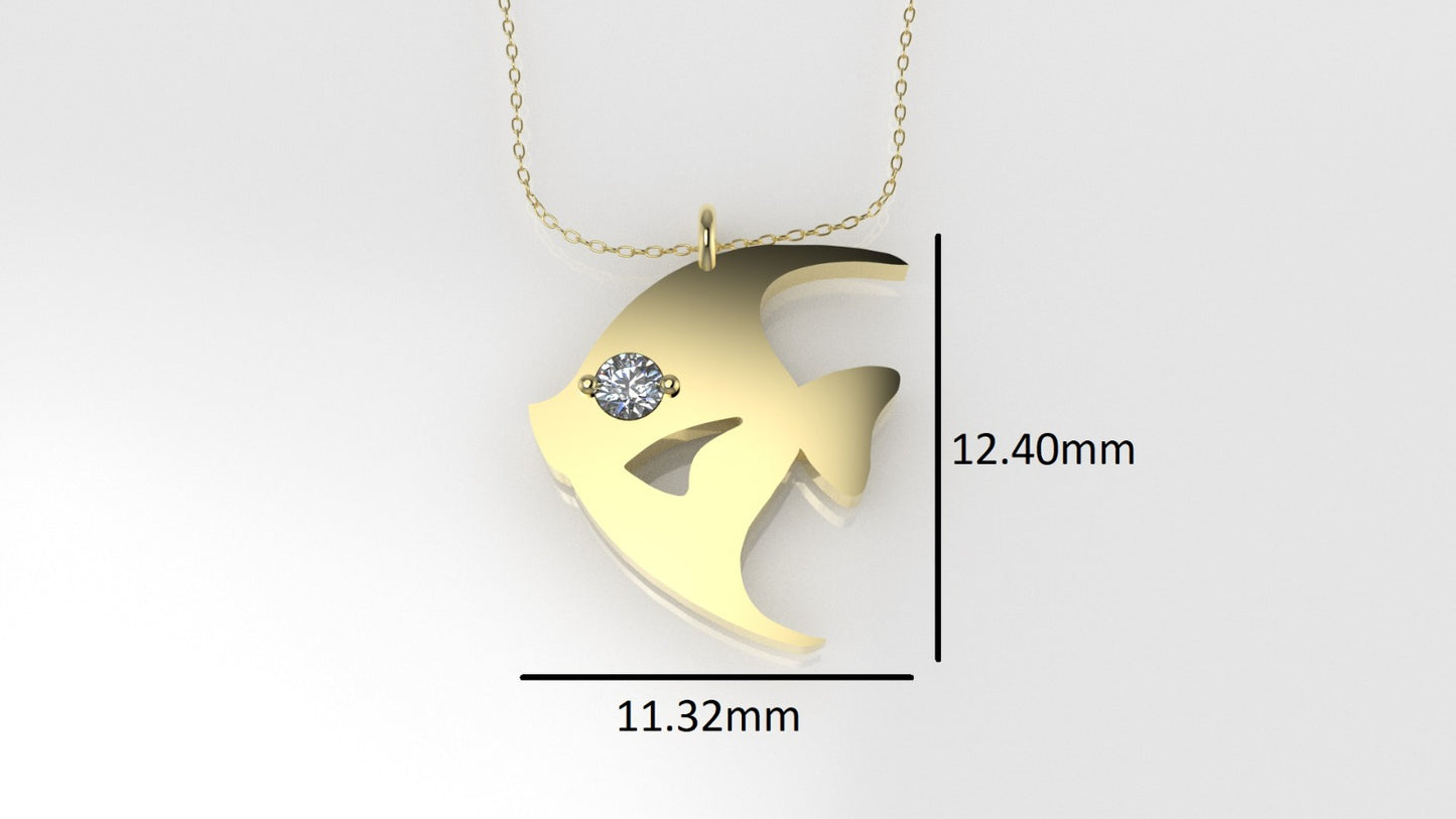 14K Pendant with 1 DIAMOND 2mm, includes 18 inch chain, Fish Style