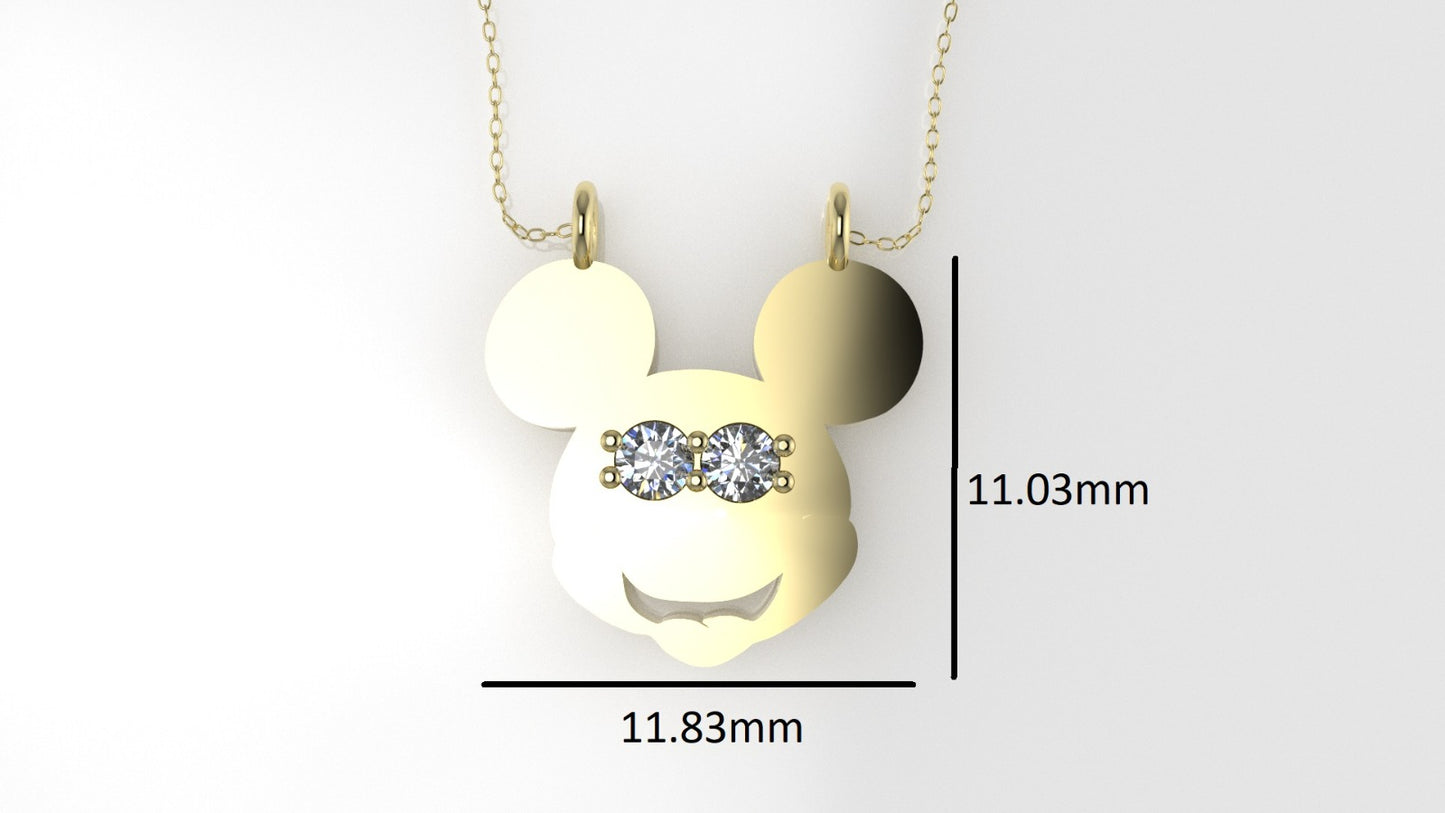 14K Pendant with 2 Diamond 2mm VS1 each, includes 18 inch chain, Mickey Mouse Face