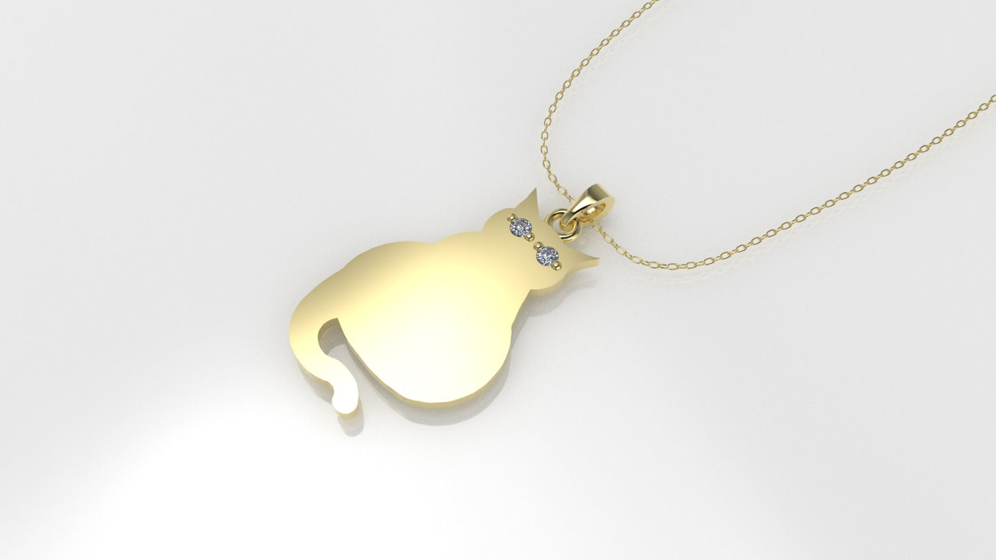 14K Pendant with 2 Diamonds 1mm each, includes 18 inch Chain, figure of a cat