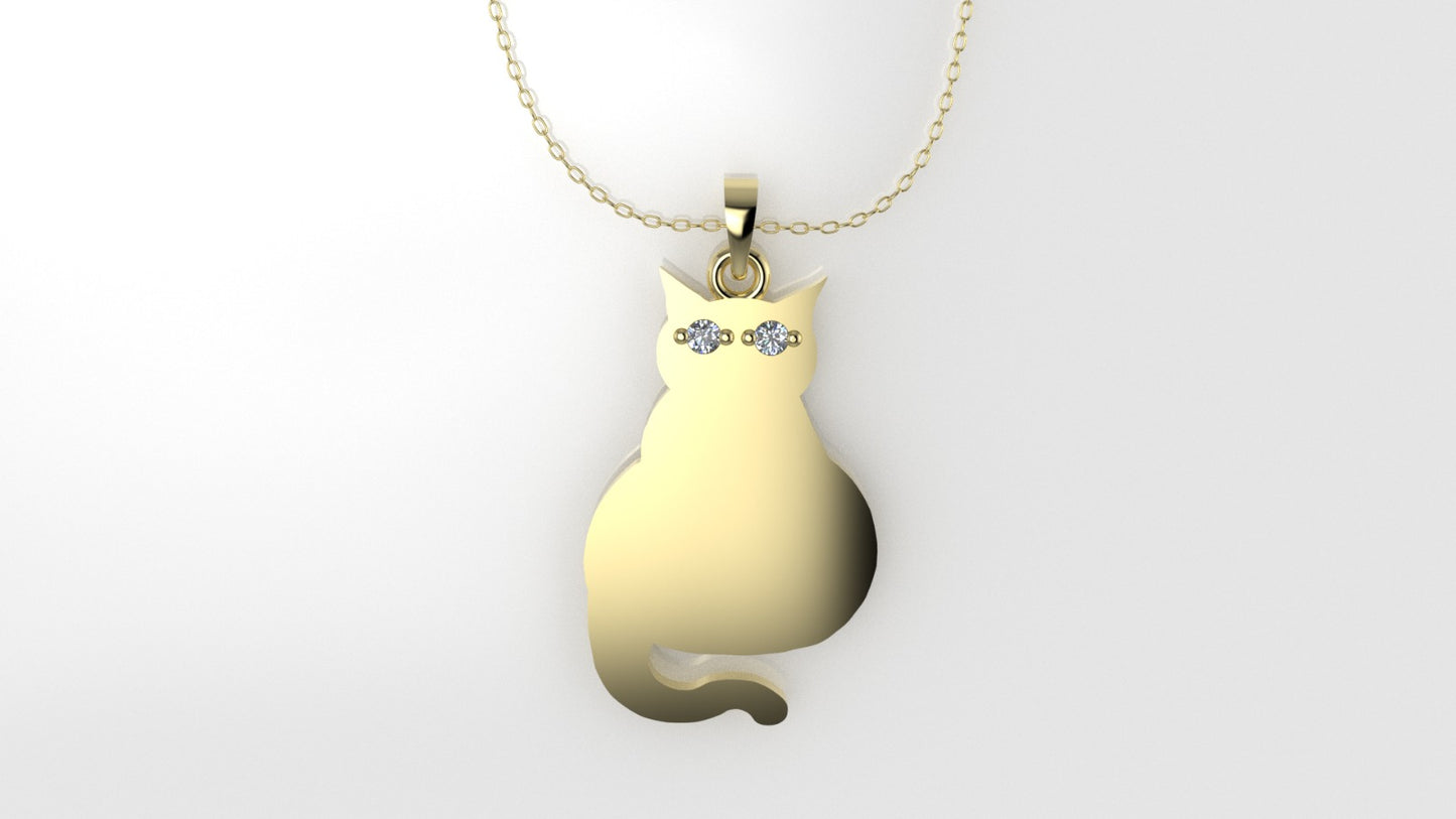 14K Pendant with 2 Diamonds 1mm each, includes 18 inch Chain, figure of a cat