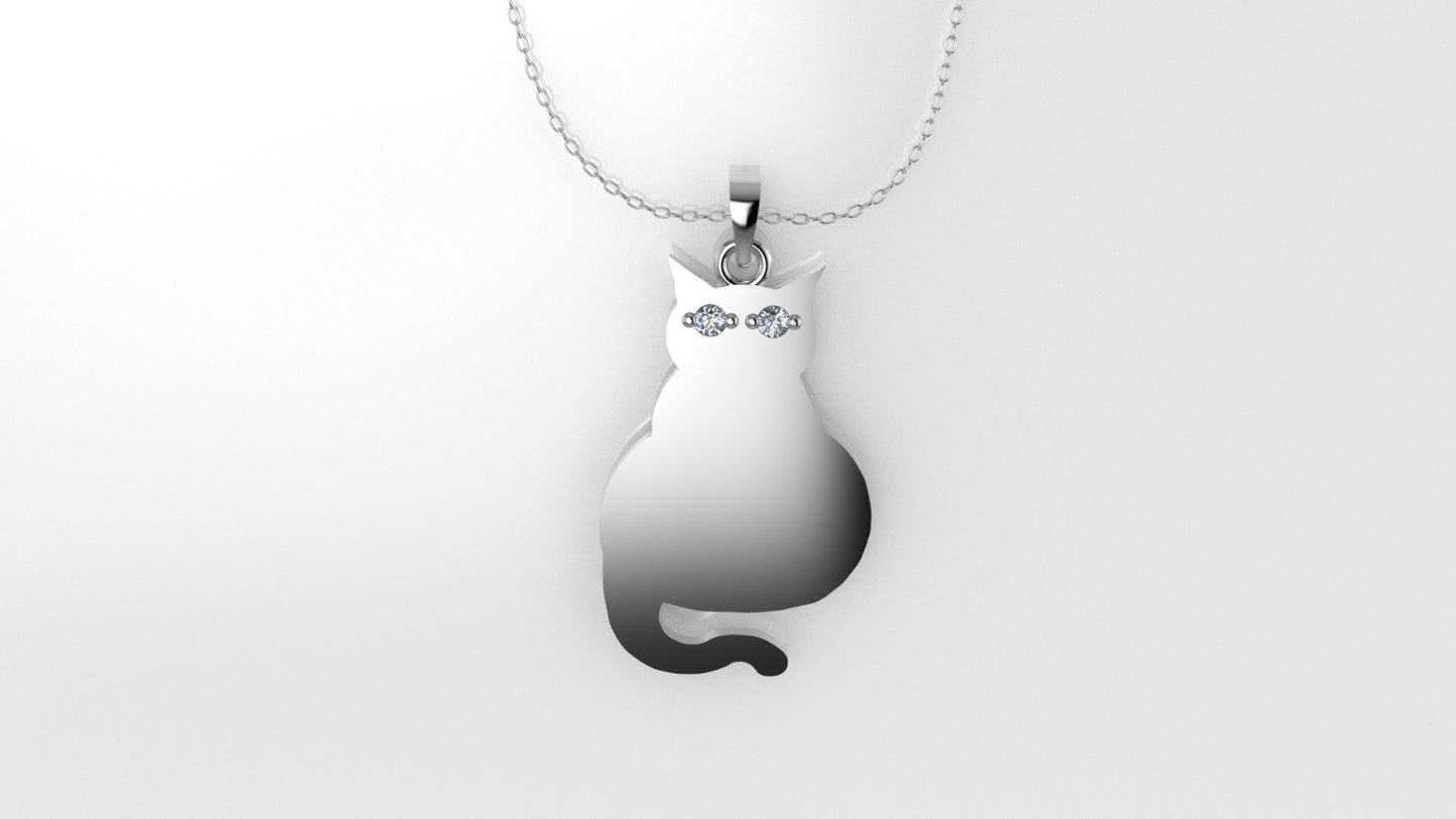 14K Pendant with 2 Diamonds 1mm each, includes 18 inch Chain, figure of a cat
