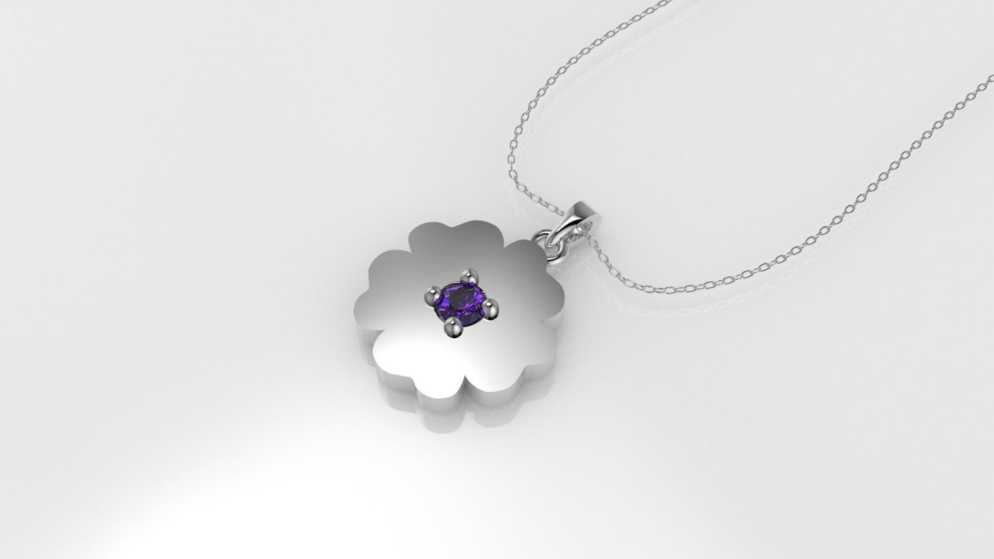 14K Pendant with 1 Amethyst 2mm, includes 18 inch Chain, "flower figure with 5 petals solid gold"