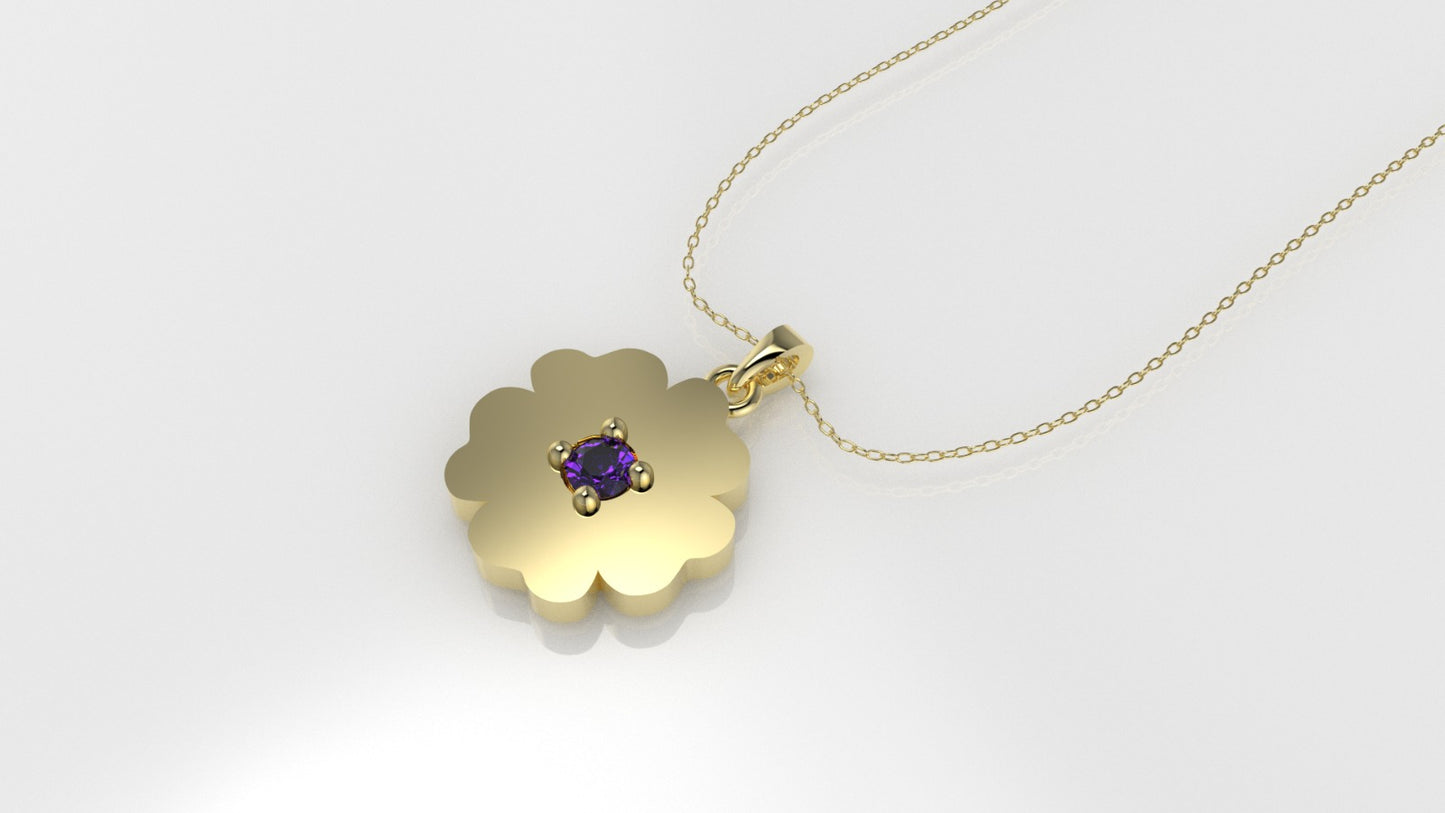 14K Pendant with 1 Amethyst 2mm, includes 18 inch Chain, "flower figure with 5 petals solid gold"