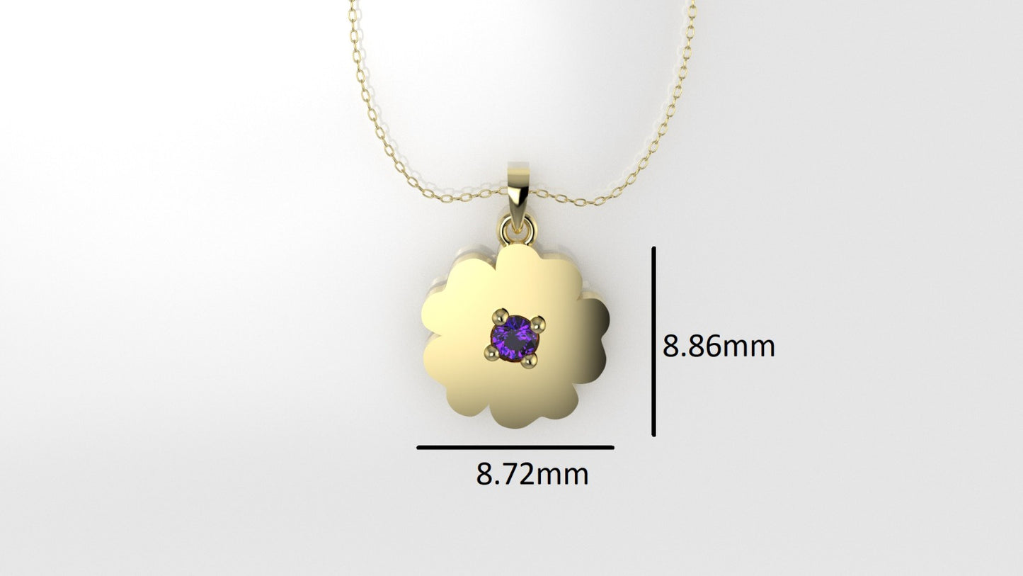 14K Pendant with 1 Amethyst 2mm, includes 18 inch Chain, "flower figure with 5 petals solid gold"