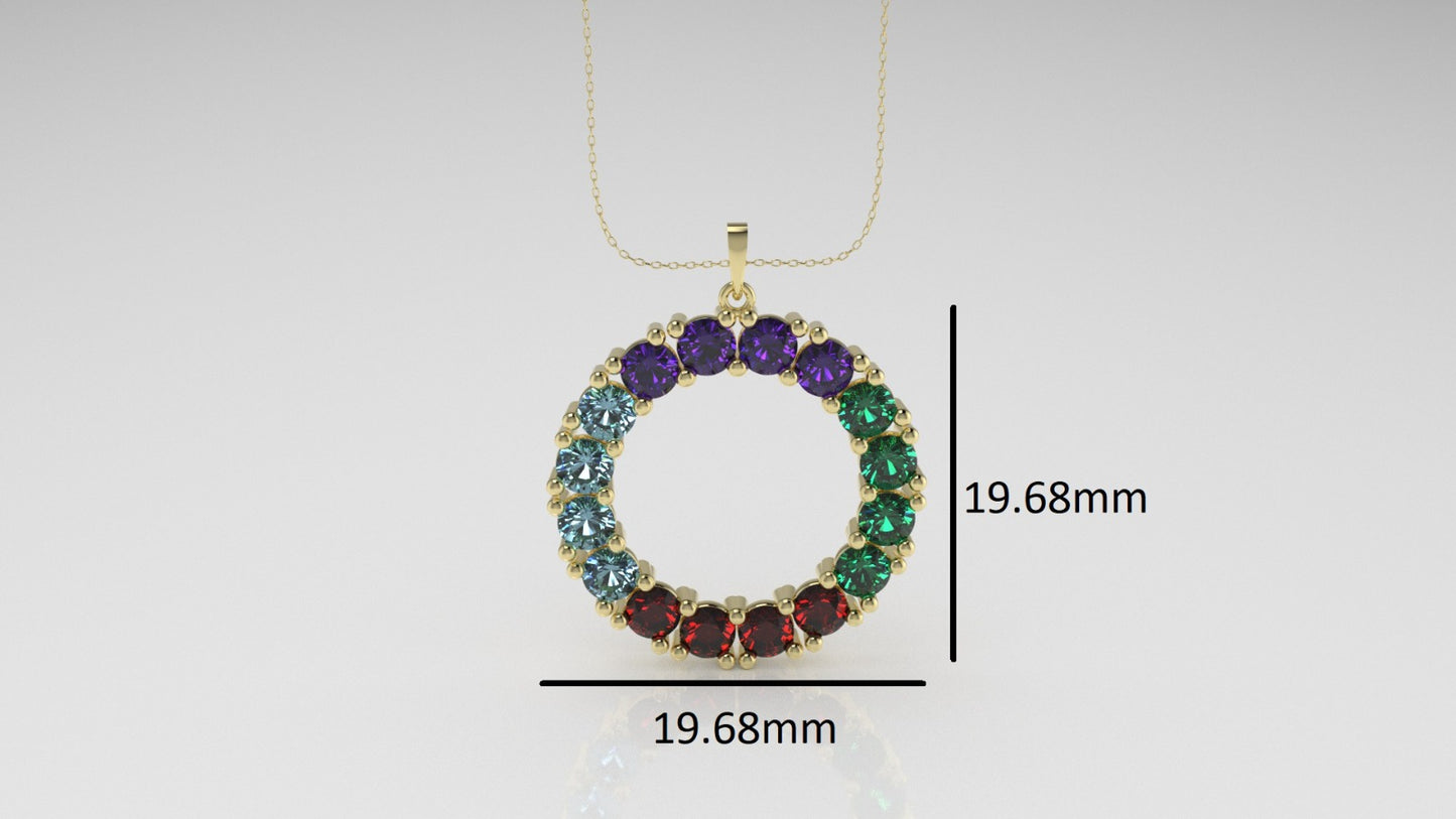 14K Pendant with 4 Ruby, 4 Emerald, 4 Aquamarine, 4 Amethyst, includes 18 inch Chain, "circle"