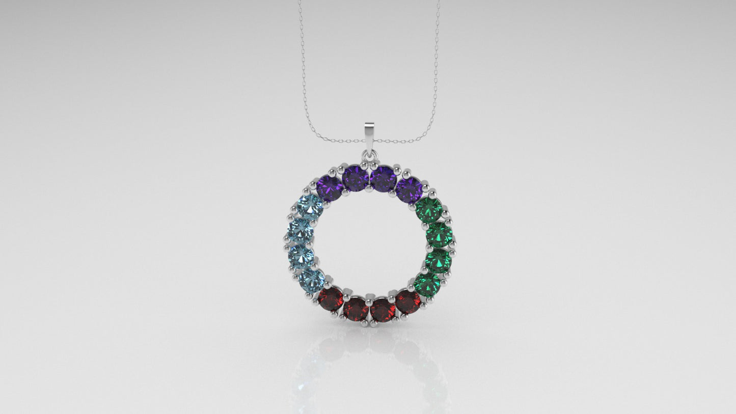 14K Pendant with 4 Ruby, 4 Emerald, 4 Aquamarine, 4 Amethyst, includes 18 inch Chain, "circle"