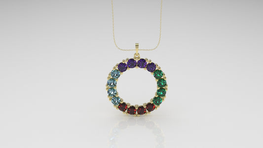 14K Pendant with 4 Ruby, 4 Emerald, 4 Aquamarine, 4 Amethyst, includes 18 inch Chain, "circle"
