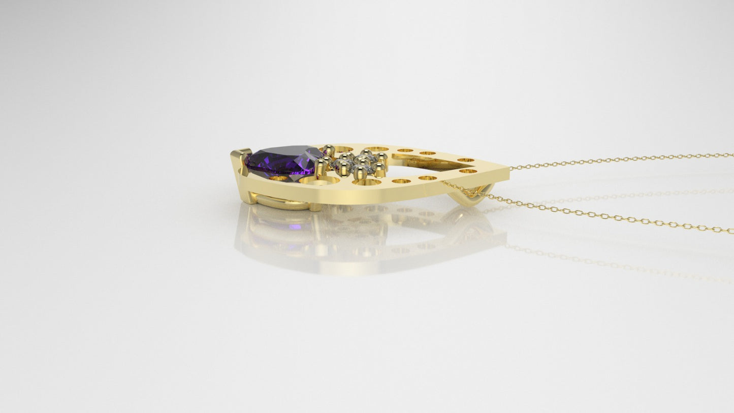 14K Pendant with 3 Diamond 2mm VS1 each and 1 AMETHYST 6.5mm, includes 18 inch chain, Stones Heart and Round