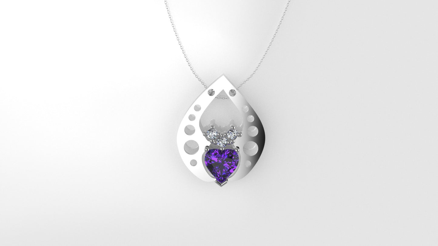14K Pendant with 3 Diamond 2mm VS1 each and 1 AMETHYST 6.5mm, includes 18 inch chain, Stones Heart and Round