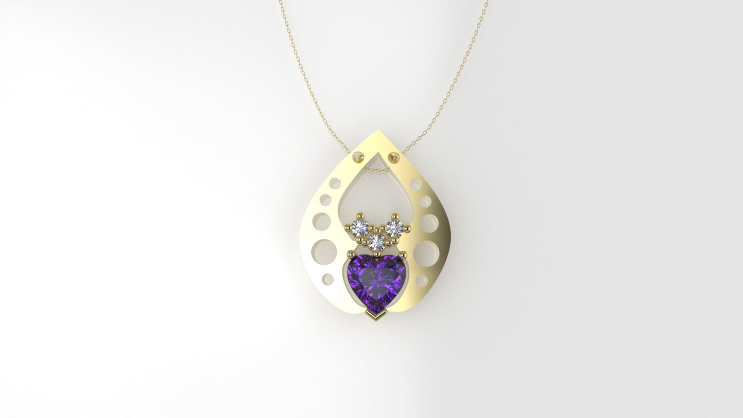 14K Pendant with 3 Diamond 2mm VS1 each and 1 AMETHYST 6.5mm, includes 18 inch chain, Stones Heart and Round