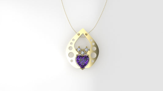 14K Pendant with 3 Diamond 2mm VS1 each and 1 AMETHYST 6.5mm, includes 18 inch chain, Stones Heart and Round