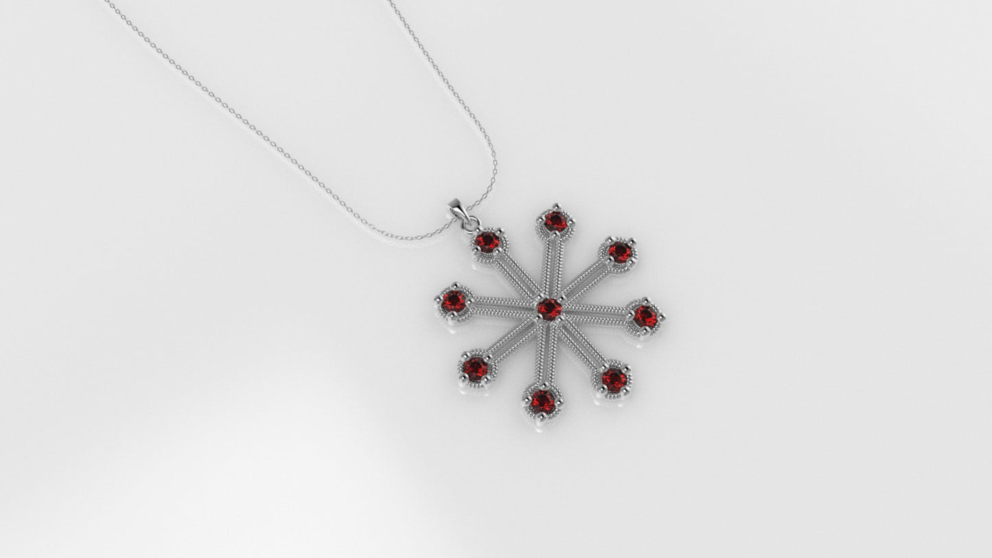 14K Pendant with 9 RUBY 2mm, includes 18 inch Chain, 8 point star, "twisted style"