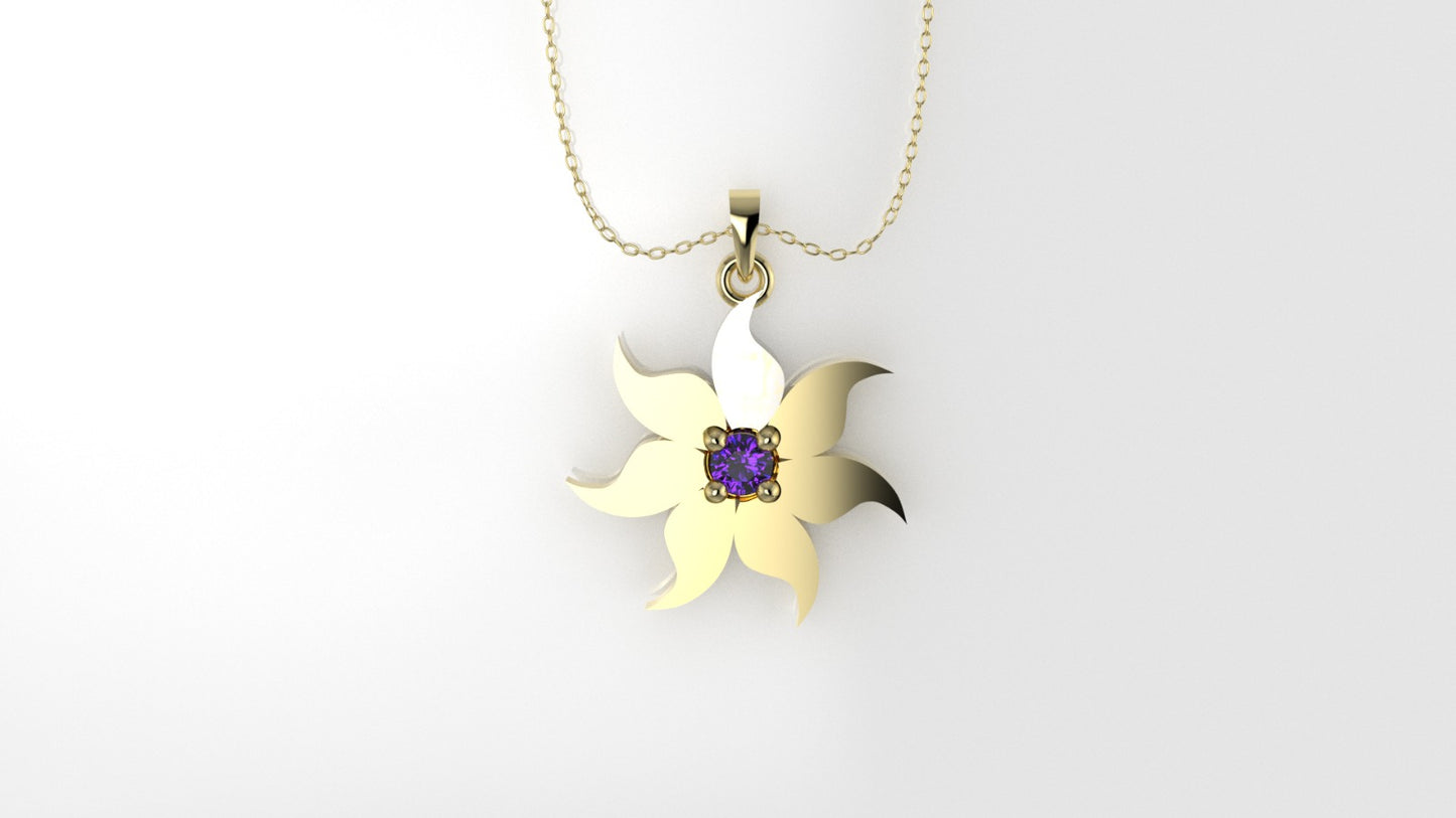 14K Pendant with 1 Amethyst 2mm, includes 18 inch Chain, "7 point star, 4 Prongs"