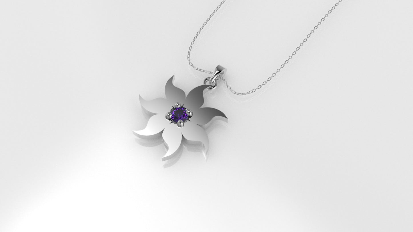14K Pendant with 1 Amethyst 2mm, includes 18 inch Chain, "7 point star, 4 Prongs"