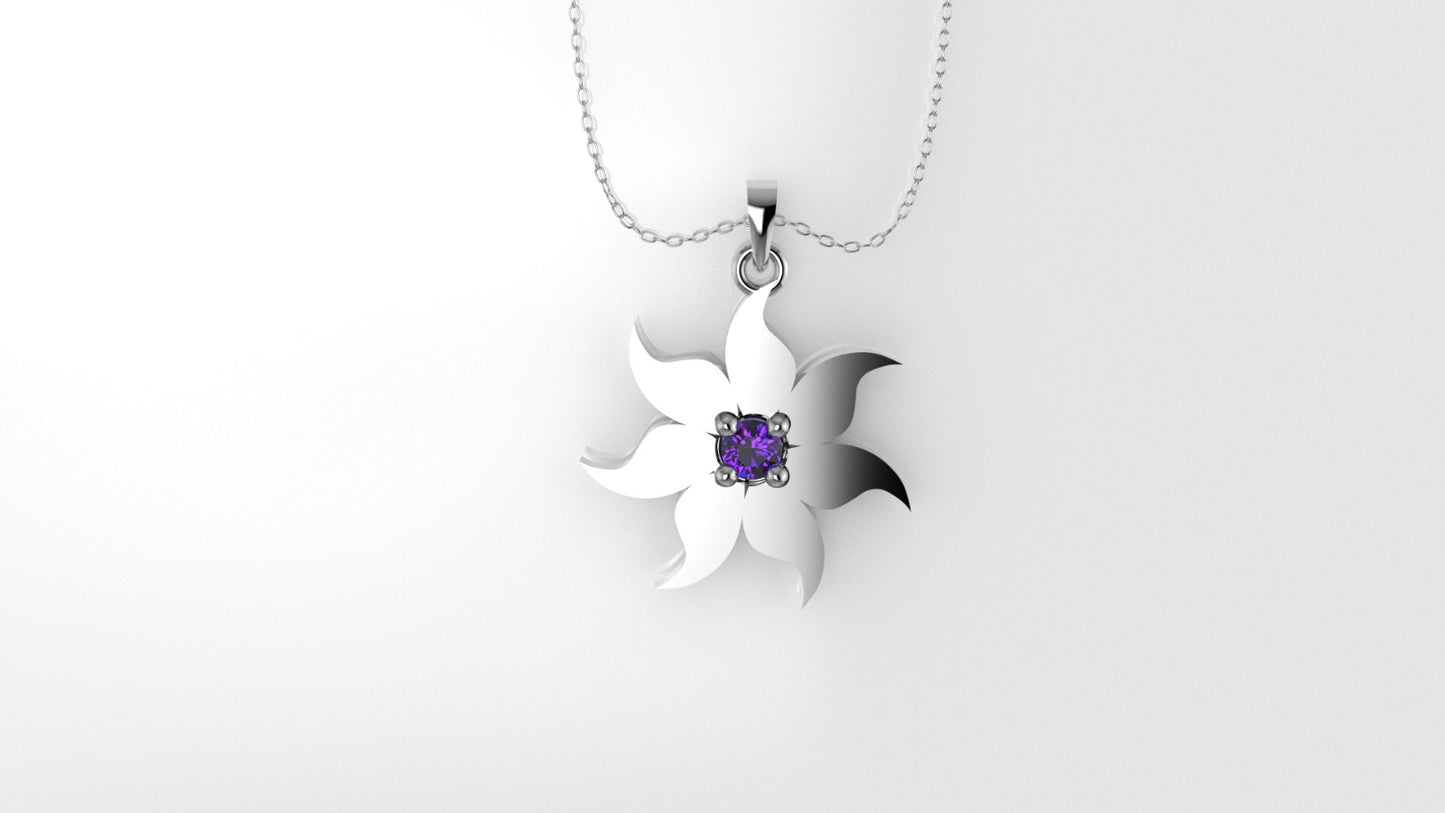 14K Pendant with 1 Amethyst 2mm, includes 18 inch Chain, "7 point star, 4 Prongs"