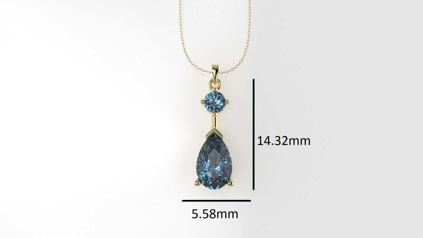 14K Pendant with 2 Blue Topaz, Only Pendant, "stone pear and round"