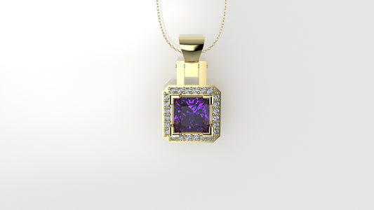 14K Pendant with 1 Amethyst 5.5mm and 24 Diamond 1mm VS1 each, Only Pendant, "cut princess"