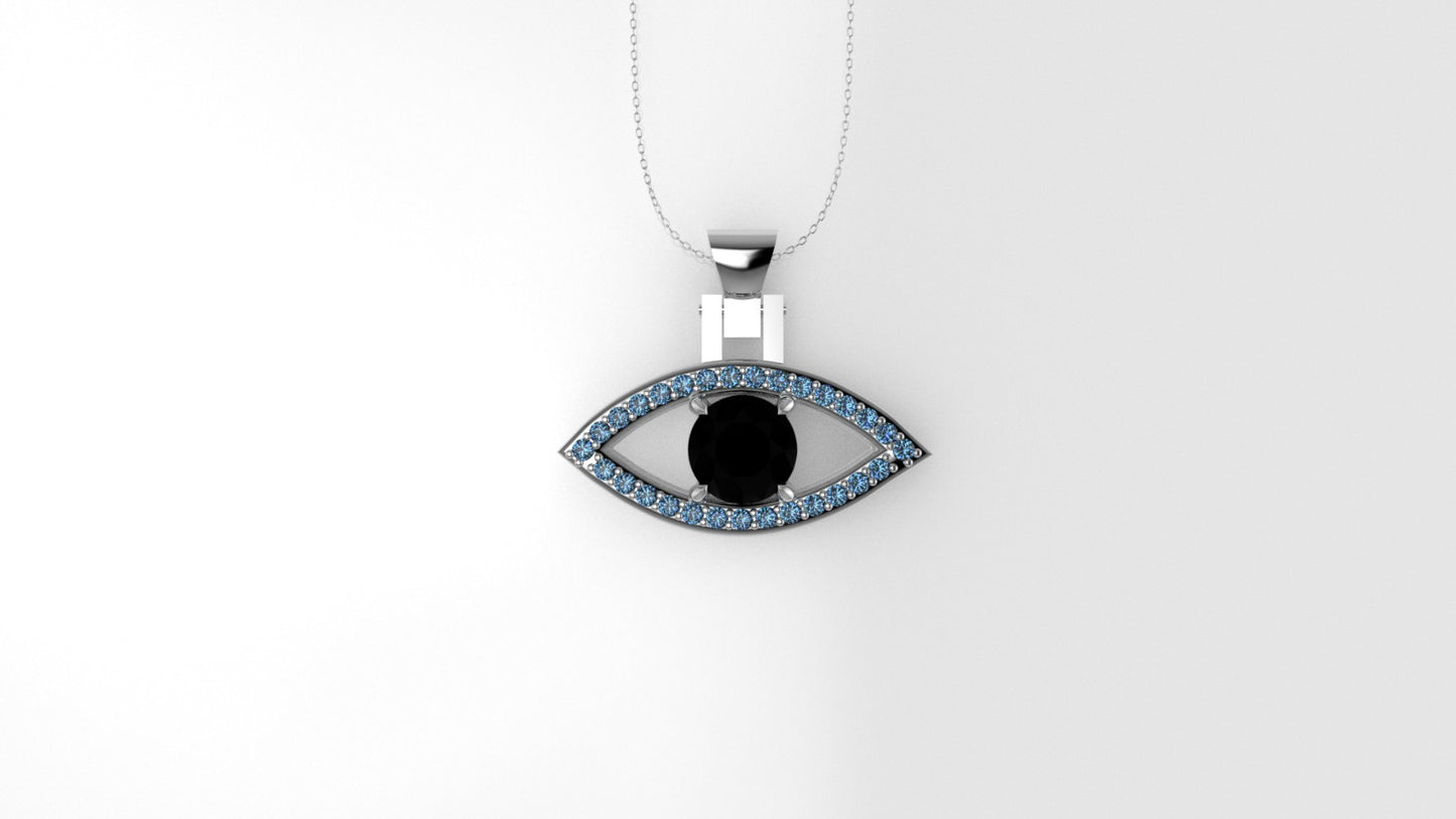 14K Pendant with 1 Black Diamond & 29 Blue Topaz, Lucky Eye Style, Only Pendant
