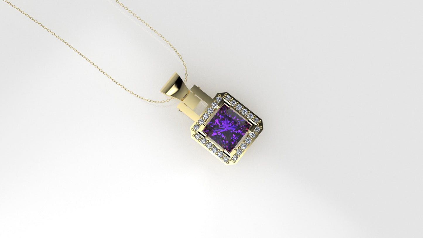 14K Pendant with 1 Amethyst 5.5mm and 24 Diamond 1mm VS1 each, Only Pendant, "cut princess"