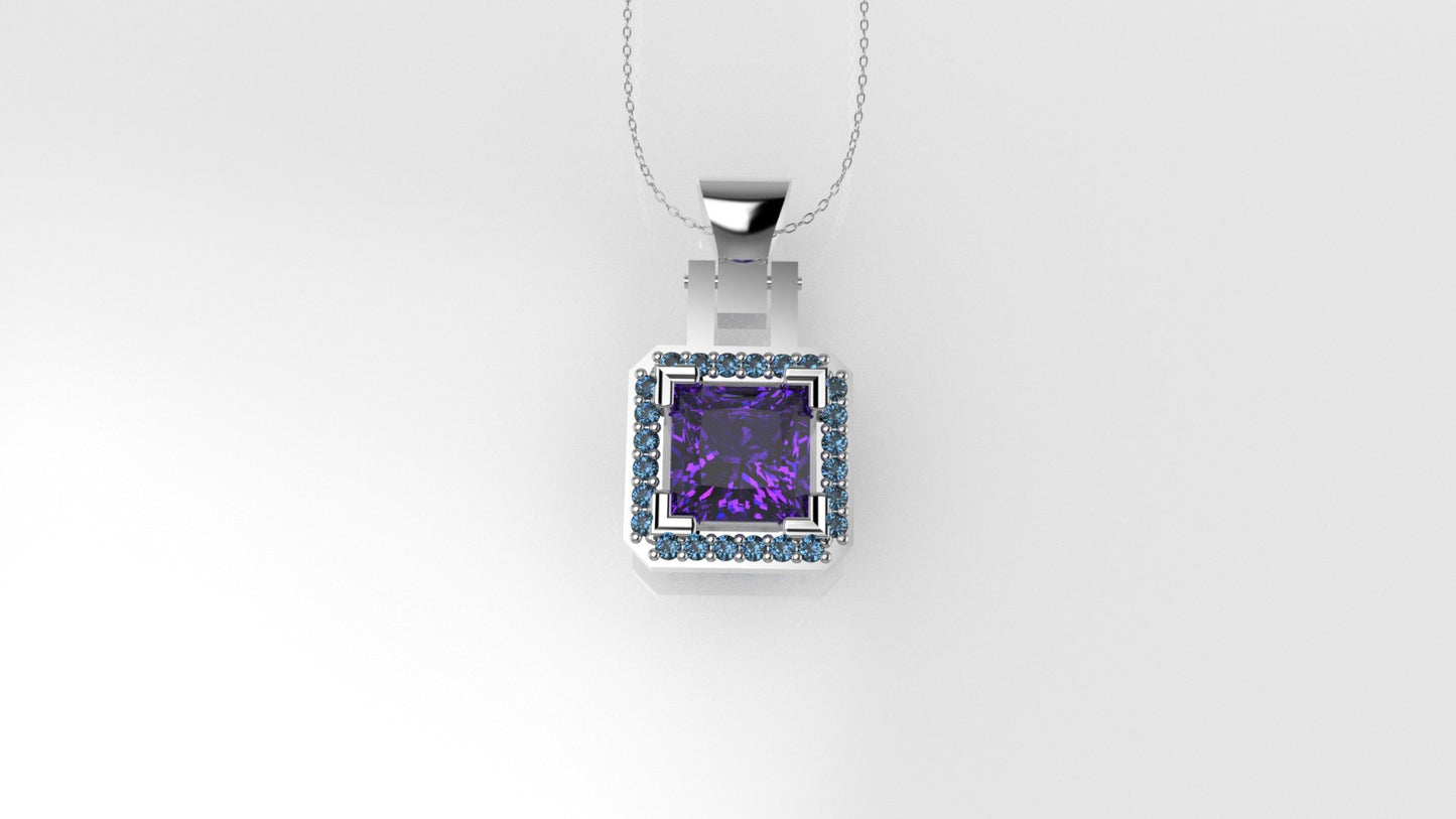 14K Pendant with 1 Amethyst 5.5mm and 24 Blue Topaz 1mm each, Only Pendant, "cut princess"
