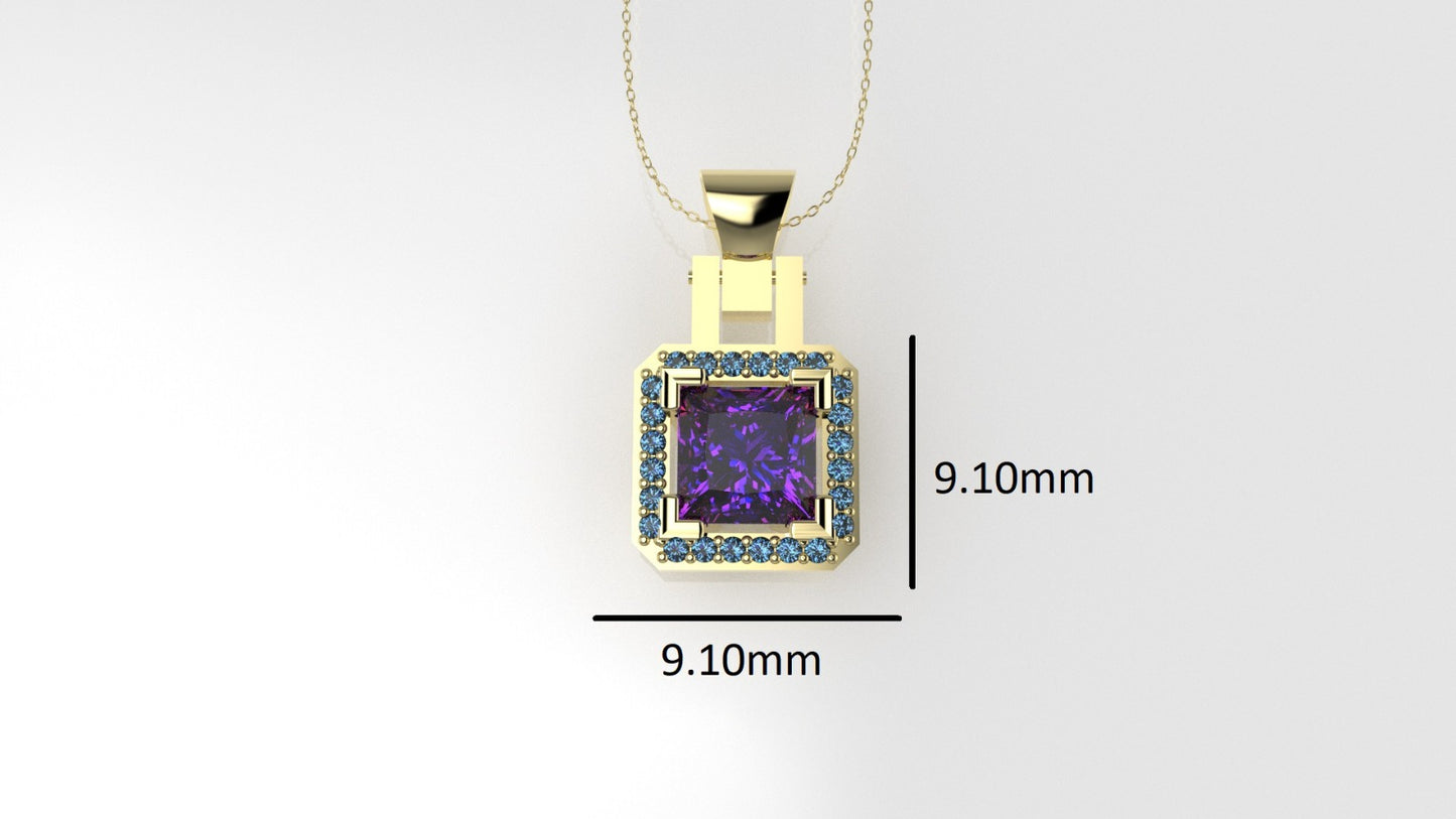 14K Pendant with 1 Amethyst 5.5mm and 24 Blue Topaz 1mm each, Only Pendant, "cut princess"