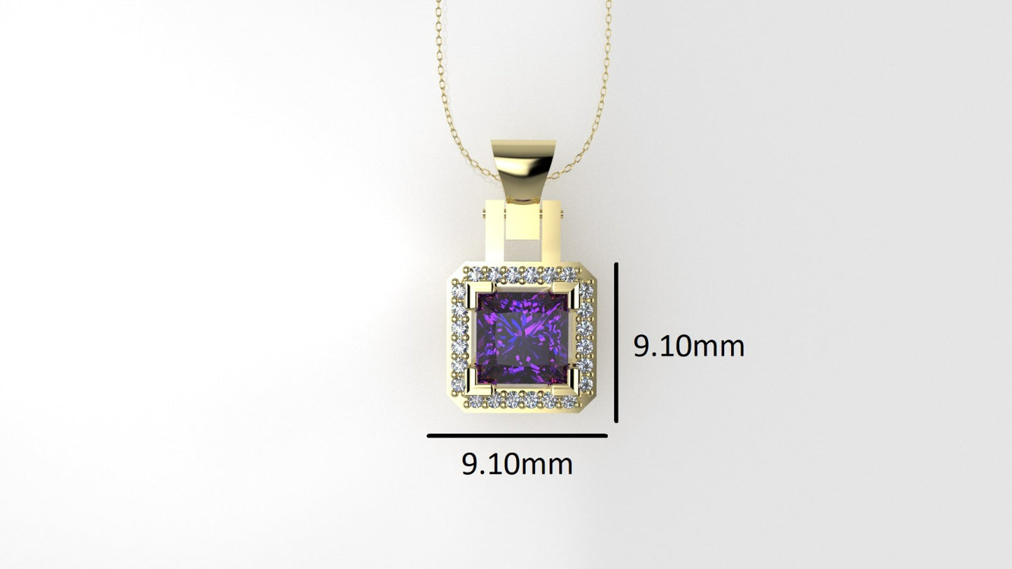 14K Pendant with 1 Amethyst 5.5mm and 24 Diamond 1mm VS1 each, Only Pendant, "cut princess"