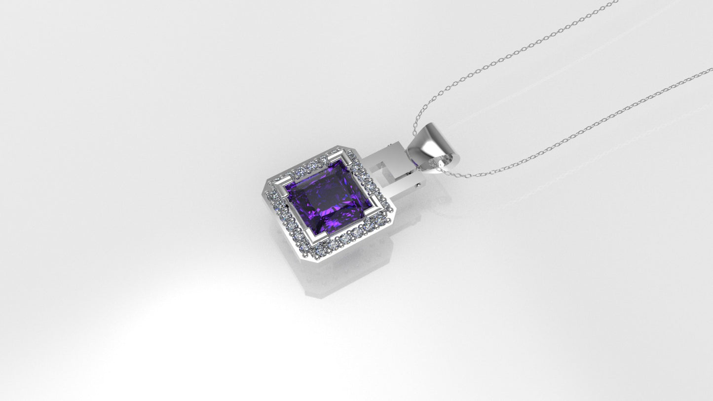 14K Pendant with 1 Amethyst 5.5mm and 24 Diamond 1mm VS1 each, Only Pendant, "cut princess"
