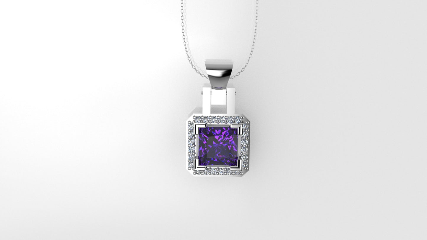 14K Pendant with 1 Amethyst 5.5mm and 24 Diamond 1mm VS1 each, Only Pendant, "cut princess"