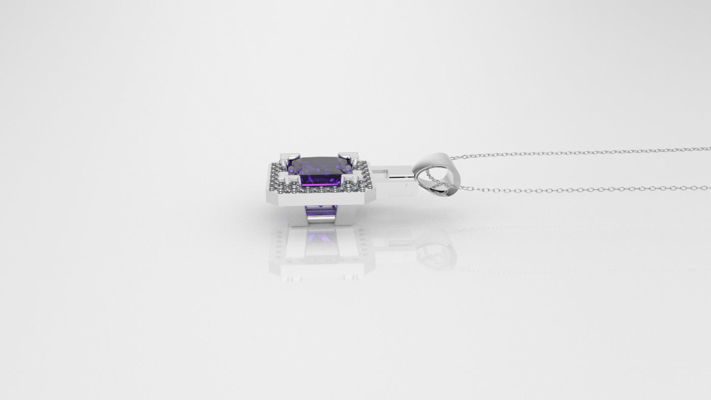 14K Pendant with 1 Amethyst 5.5mm and 24 Diamond 1mm VS1 each, Only Pendant, "cut princess"